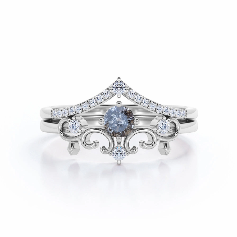 Polished Geometry Tiara 0.85 Cat Round Salt and Pepper Diamond Bridal Set