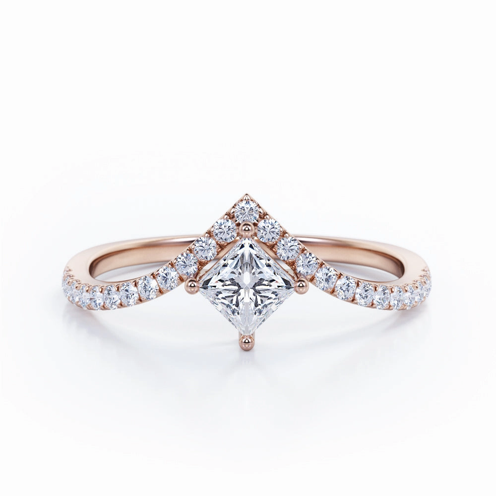 Tiara Design 0.45 Carat Princess Cut Diamond Four Prong Pave Engagement Ring In Rose Gold Glamorous Article Delicate Shine