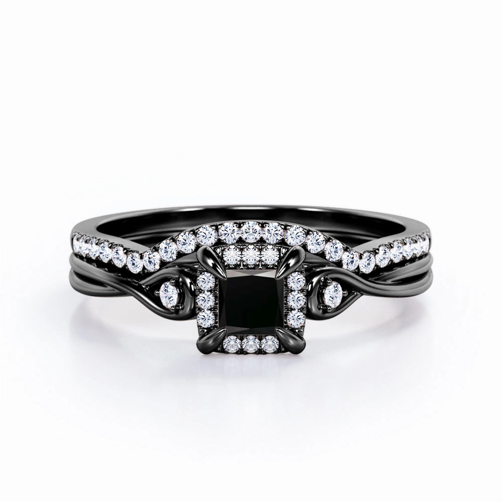 0.69 ct Princess Lab Black Diamond Cushion Halo Bridal Set Stylish Embellishment