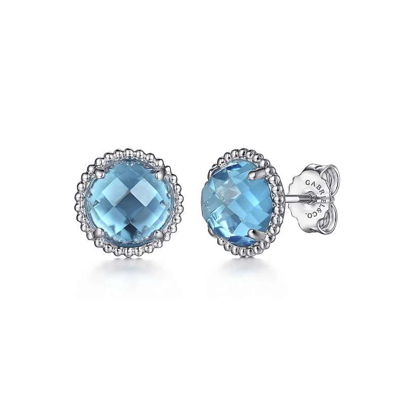 925 Sterling Silver Bujukan Blue Topaz Stud Earrings Sculpted Finish