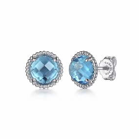 925 Sterling Silver Bujukan Blue Topaz Stud Earrings Sculpted Finish