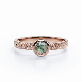 Classic Expression Timeless Filigree 0.5 Carat Round Cut Natural Dendritic Mossy Green Agate Bezel Set Engagement Ring