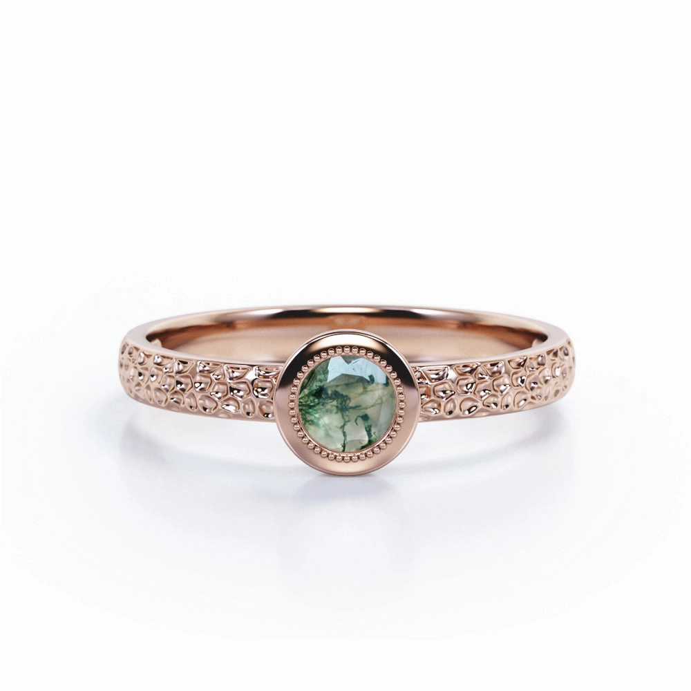 Classic Expression Timeless Filigree 0.5 Carat Round Cut Natural Dendritic Mossy Green Agate Bezel Set Engagement Ring