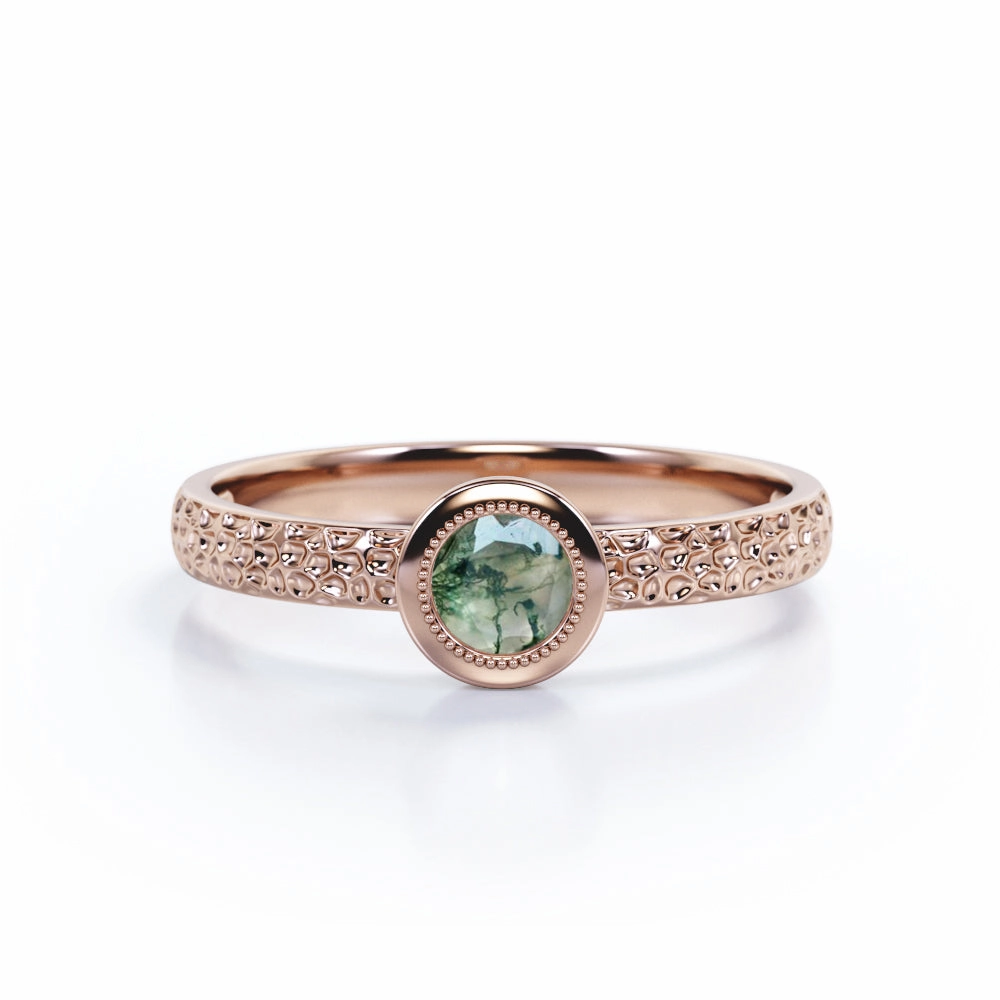 Shiny Ornament Cool Finish Timeless Filigree 0.5 Carat Round Cut Natural Dendritic Mossy Green Agate Bezel Set Engagement Ring