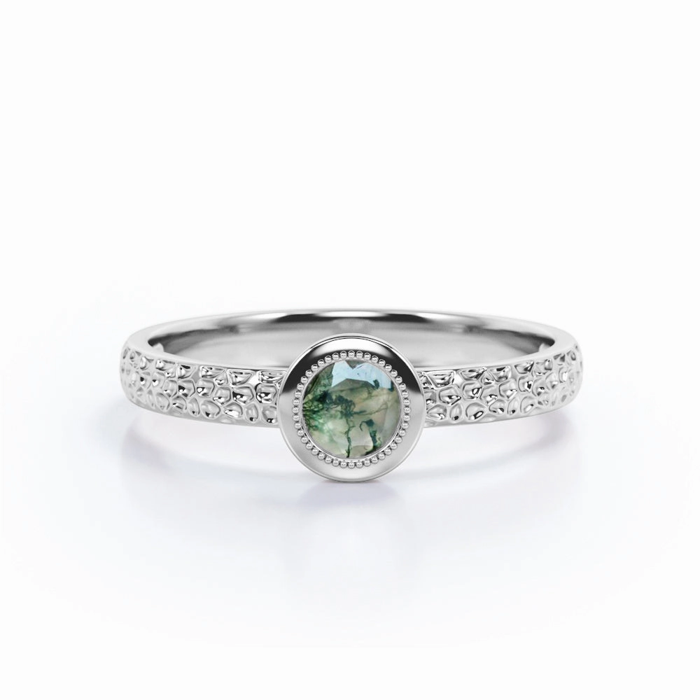 Timeless Filigree 0.5 Carat Round Cut Natural Dendritic Mossy Green Agate Bezel Set Engagement Ring Budget Ornament