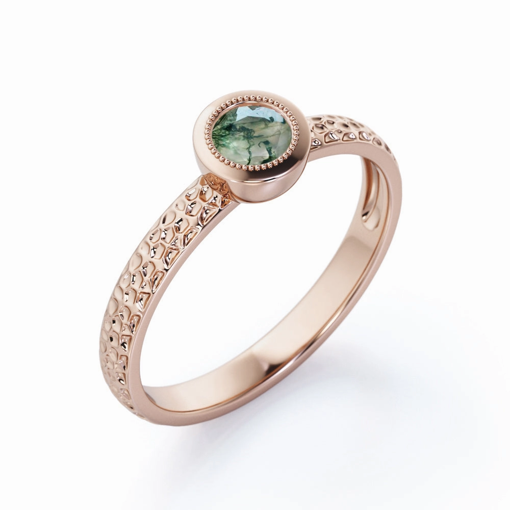 Timeless Filigree 0.5 Carat Round Cut Natural Dendritic Mossy Green Agate Bezel Set Engagement Ring Economical Object