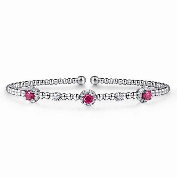 Chic Touch 14K White Gold Bujukan Bead Cuff Bracelet with Rubies and Diamond Halo Stations