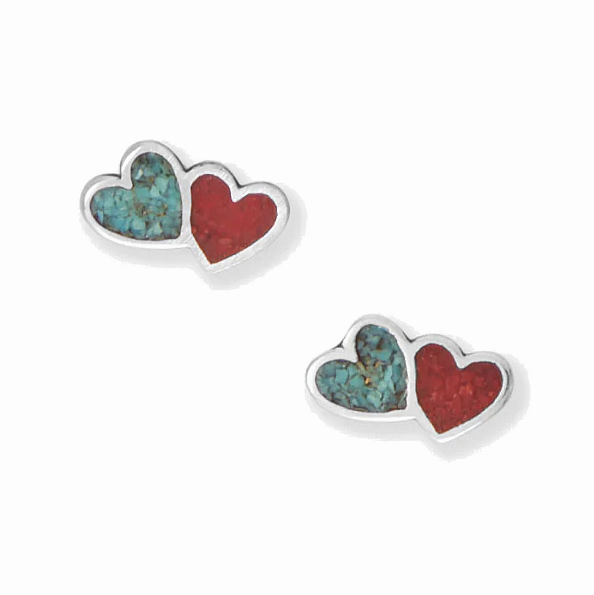 Avant-Garde Decoration Pearlescent Ornament Double Heart Stud Earrings Coral and Turquoise Chip Sterling Silver