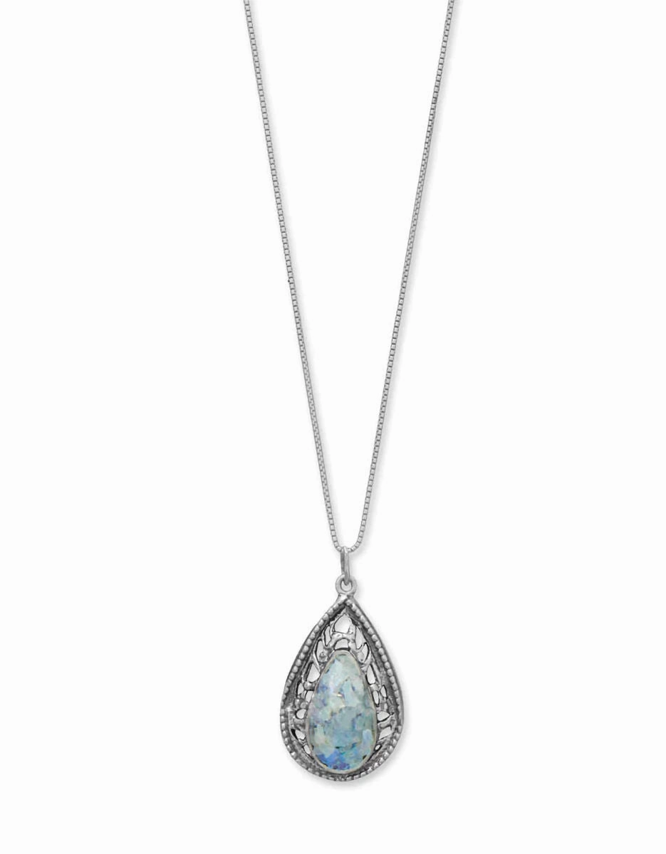 Ancient Roman Glass Necklace Teardrop Shape with Filigree and Rope Design Sterling Silver Fashionable Design