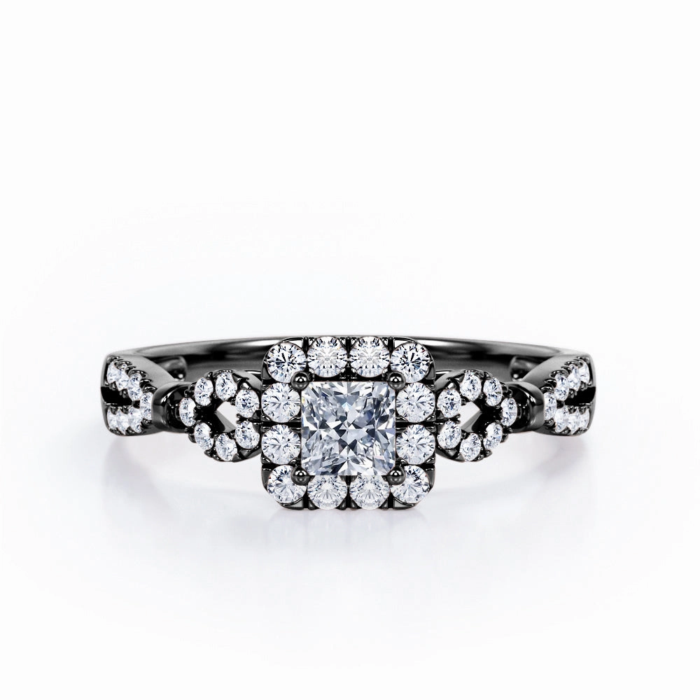 0.5 TCW Princess Cut Diamond - Triple Halo Design - Split Shank Pave Engagement Ring - 10K Black Gold Sparkling Object