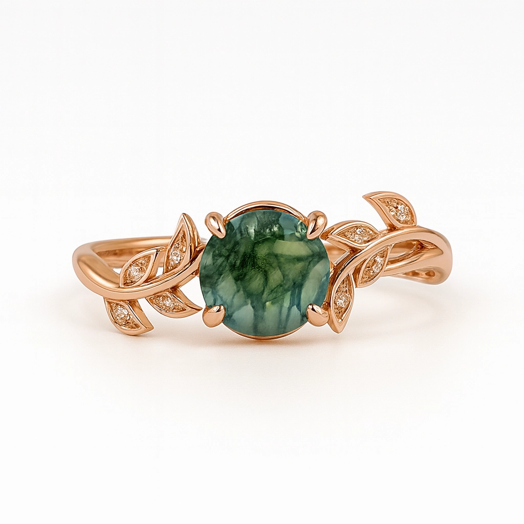 Classic Sparkle Beautiful Creation Vine Design 1.05 ct Green Moss Agate Leaf Engagement Ring