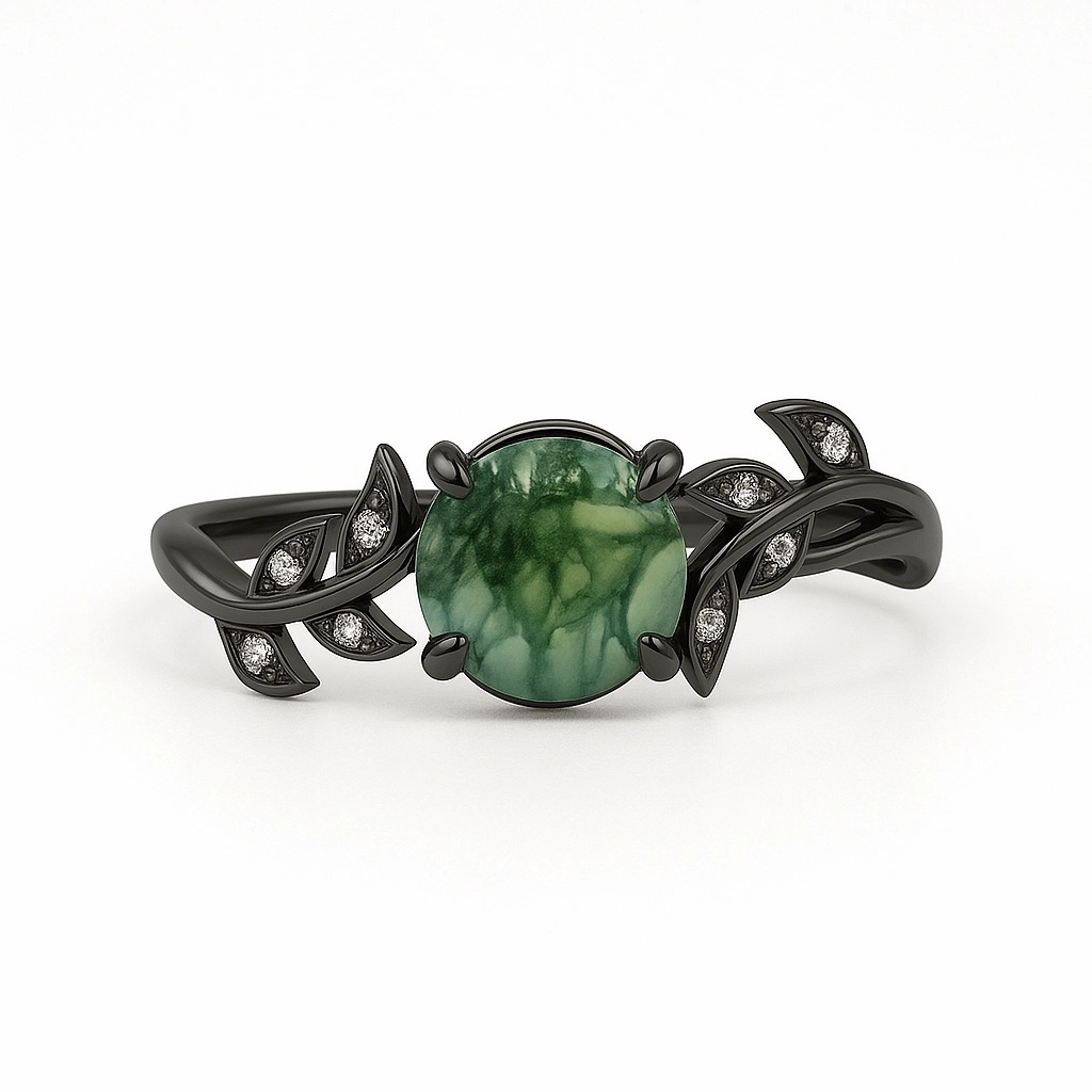Vine Design 1.05 ct Green Moss Agate Leaf Engagement Ring Statement Jewelry Handcrafted Art