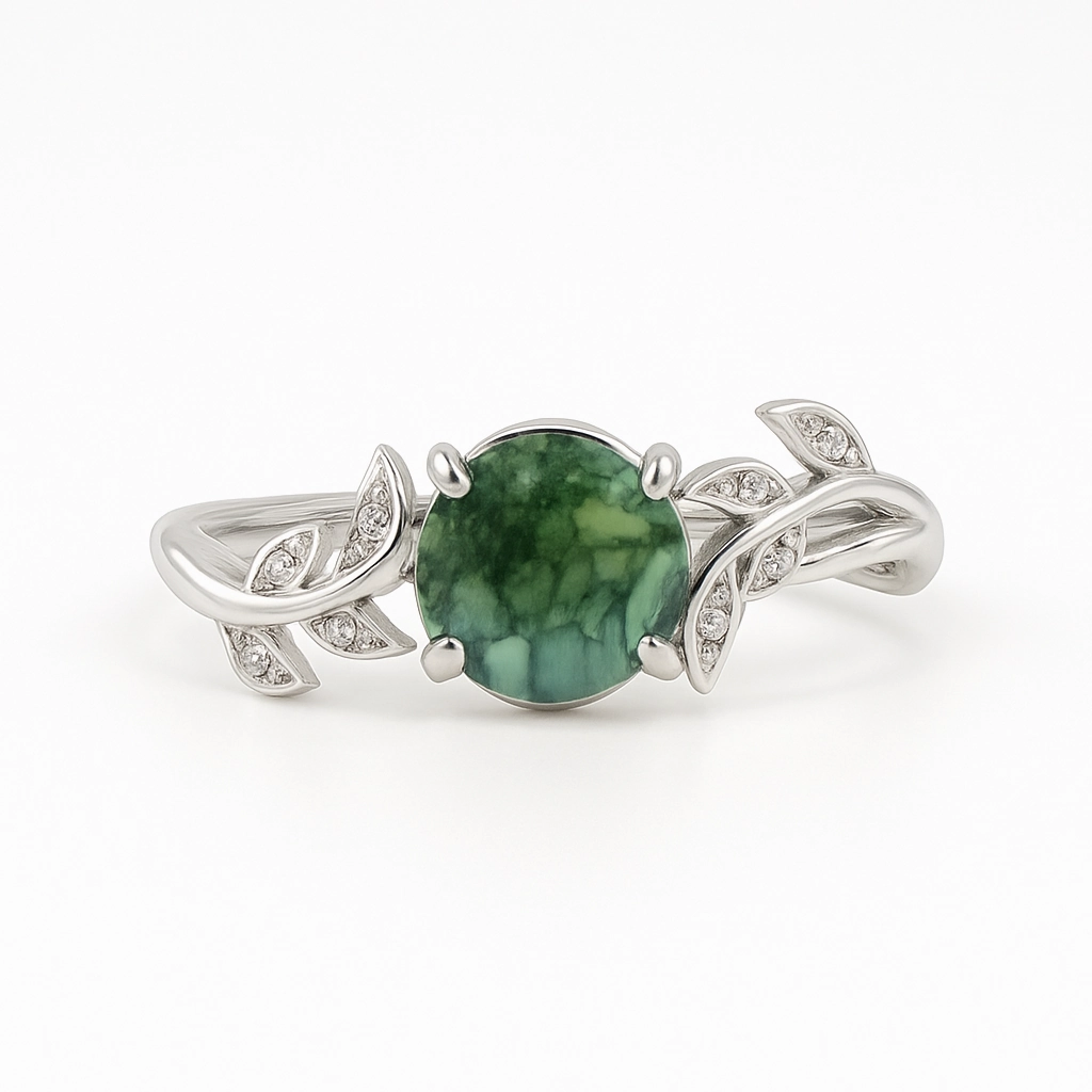 Vine Design 1.05 ct Green Moss Agate Leaf Engagement Ring Minimal Detail Modern Geometry