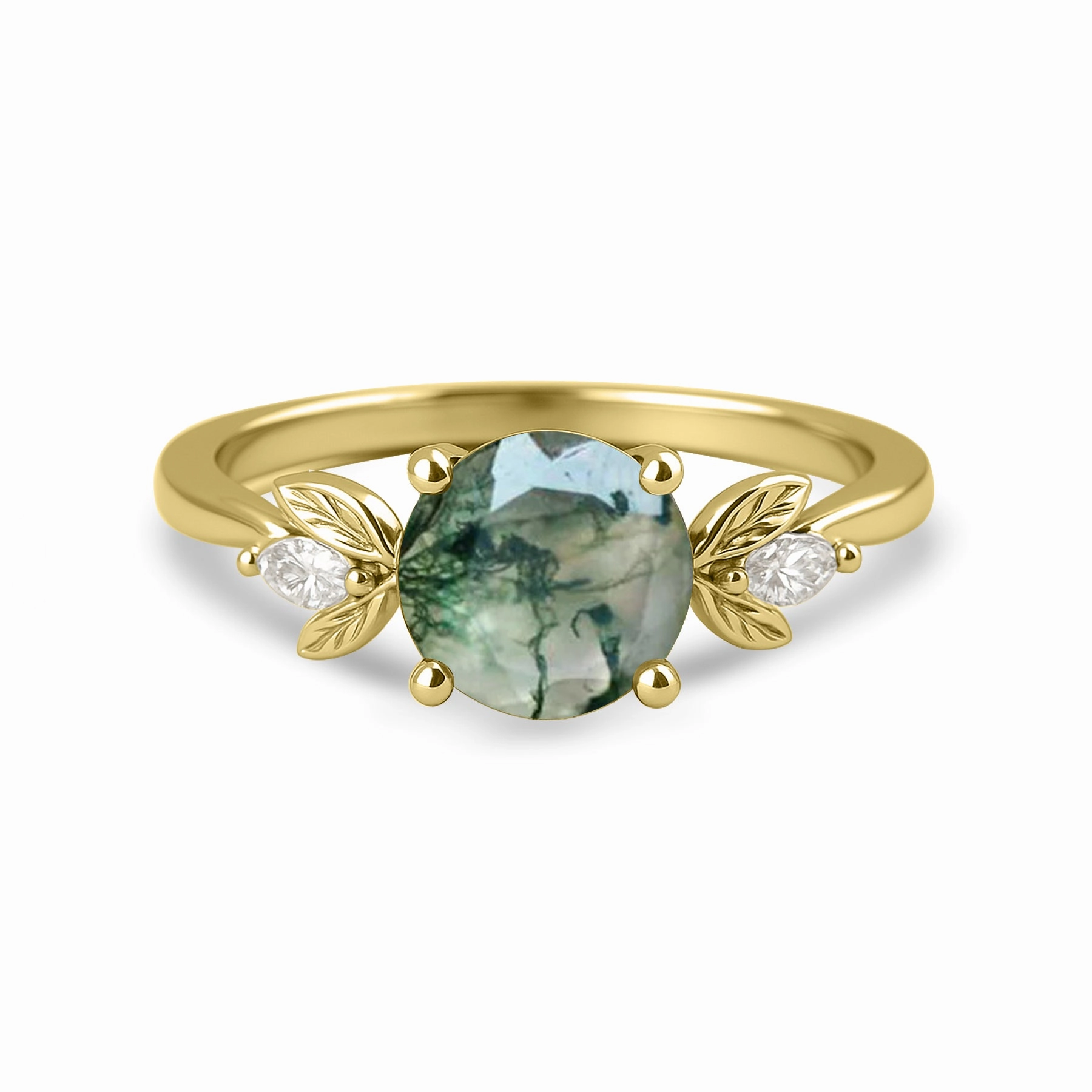 Luxury Work Stylish Insignia 1.05 Ct Round Green Moss Agate Leaf Style Engagement Ring