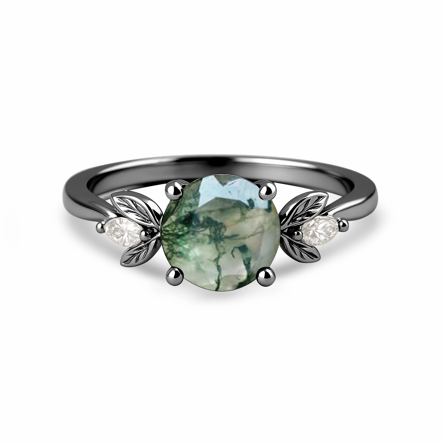 Exclusive Jewelry Bold Token 1.05 Ct Round Green Moss Agate Leaf Style Engagement Ring