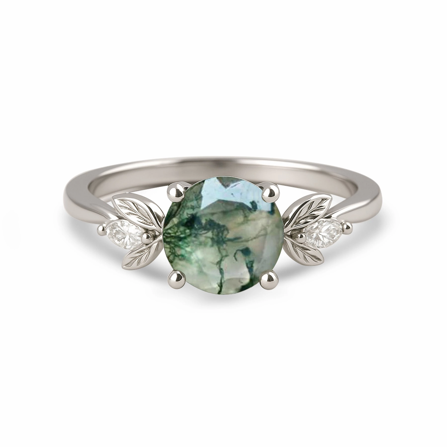 1.05 Ct Round Green Moss Agate Leaf Style Engagement Ring Shiny Embellishment Sparkling Gift