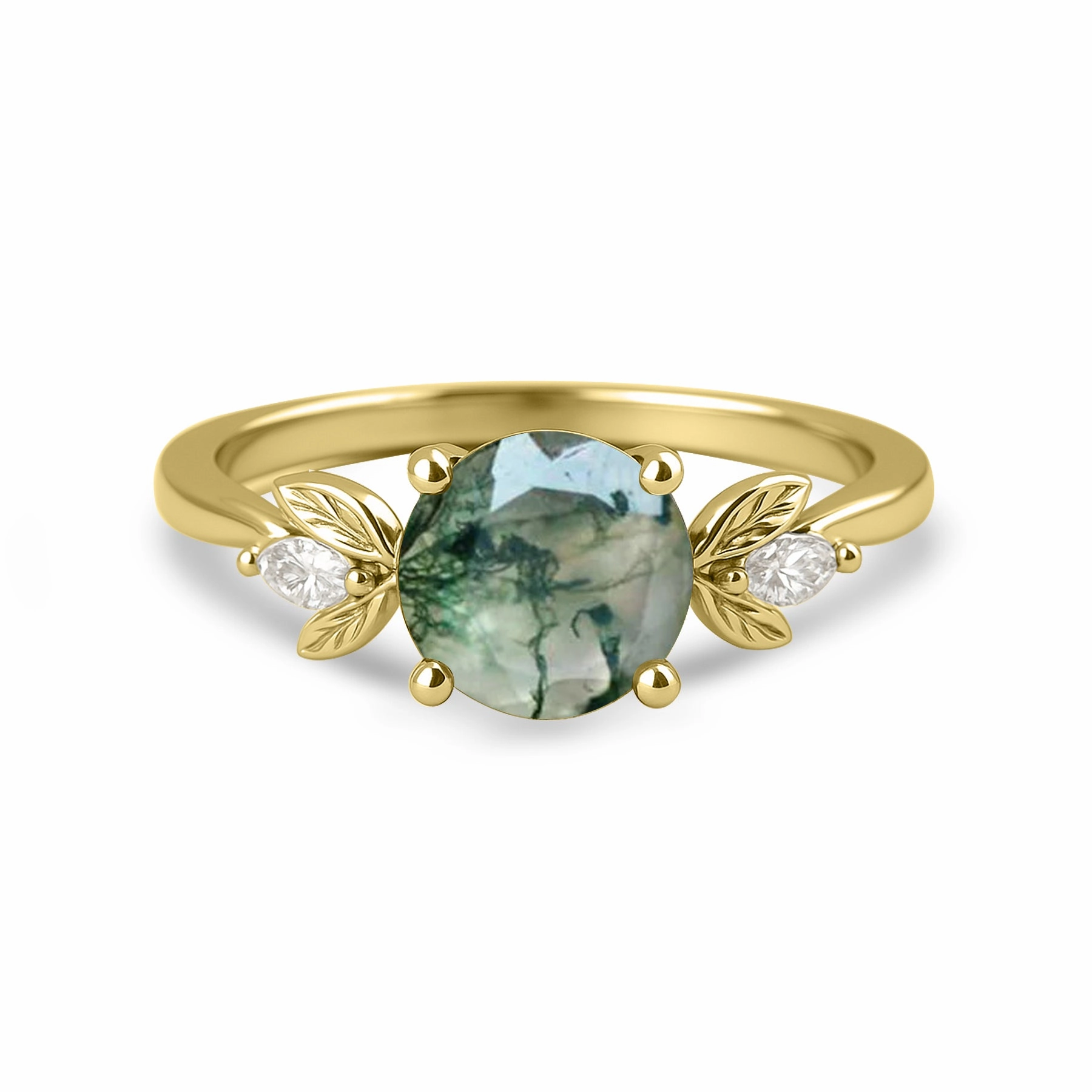 1.05 Ct Round Green Moss Agate Leaf Style Engagement Ring Minimal Look