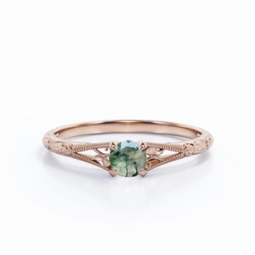 Filigree Solitaire 0.5 ct Round Moss Agate Engagement Ring Gift Ready Style Traditional Motif