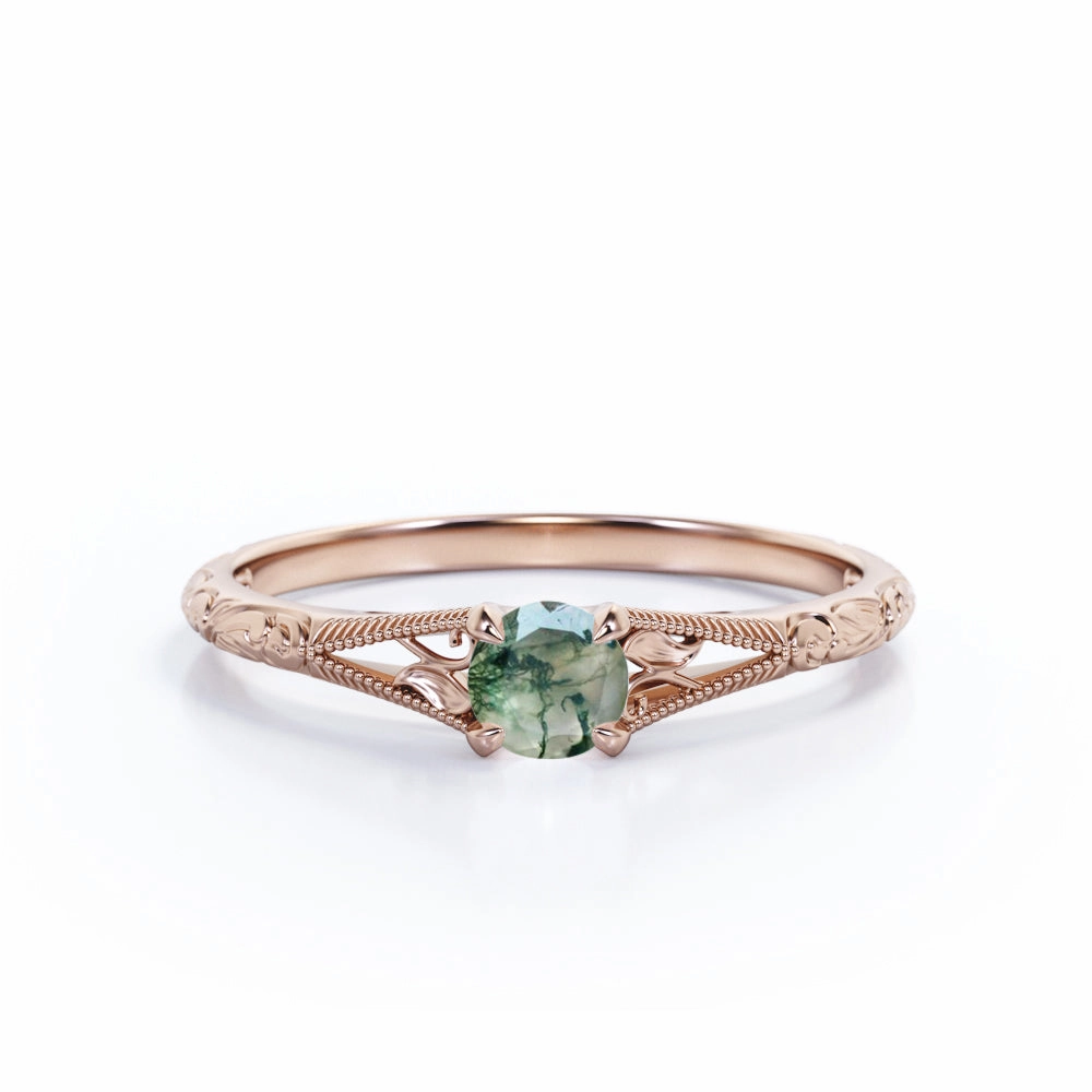 Minimalist Emblem Filigree Solitaire 0.5 ct Round Moss Agate Engagement Ring
