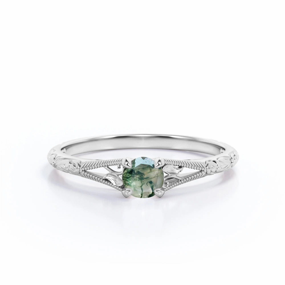 Filigree Solitaire 0.5 ct Round Moss Agate Engagement Ring Superior Craft Gift For Teens