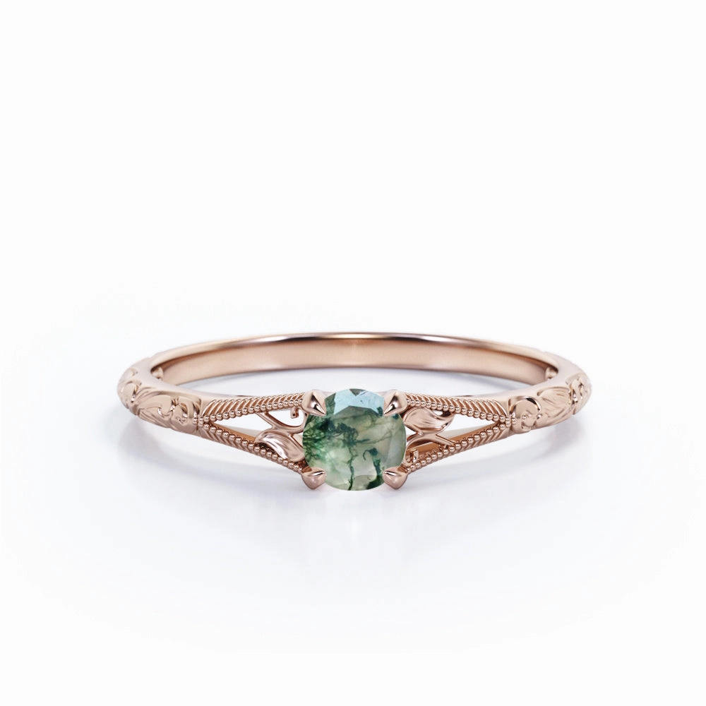 Filigree Solitaire 0.5 ct Round Moss Agate Engagement Ring Gift Ready Style Traditional Motif