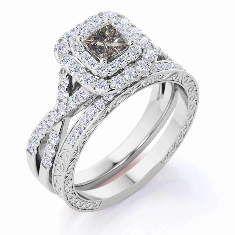 Cluster 1.75 Ct Princess Salt and Pepper Diamond Bridal Set Unique Jewelry