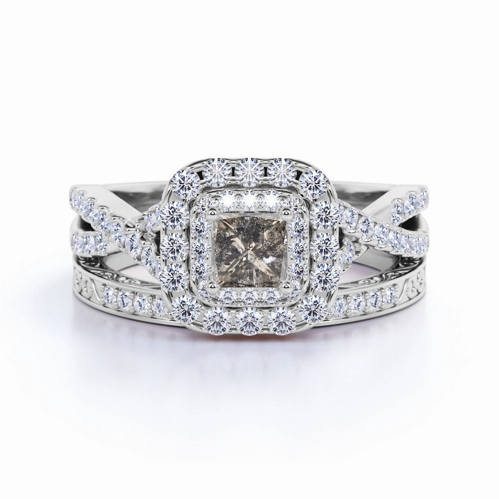 Cluster 1.75 Ct Princess Salt and Pepper Diamond Bridal Set Stylish Work Elegant decoration