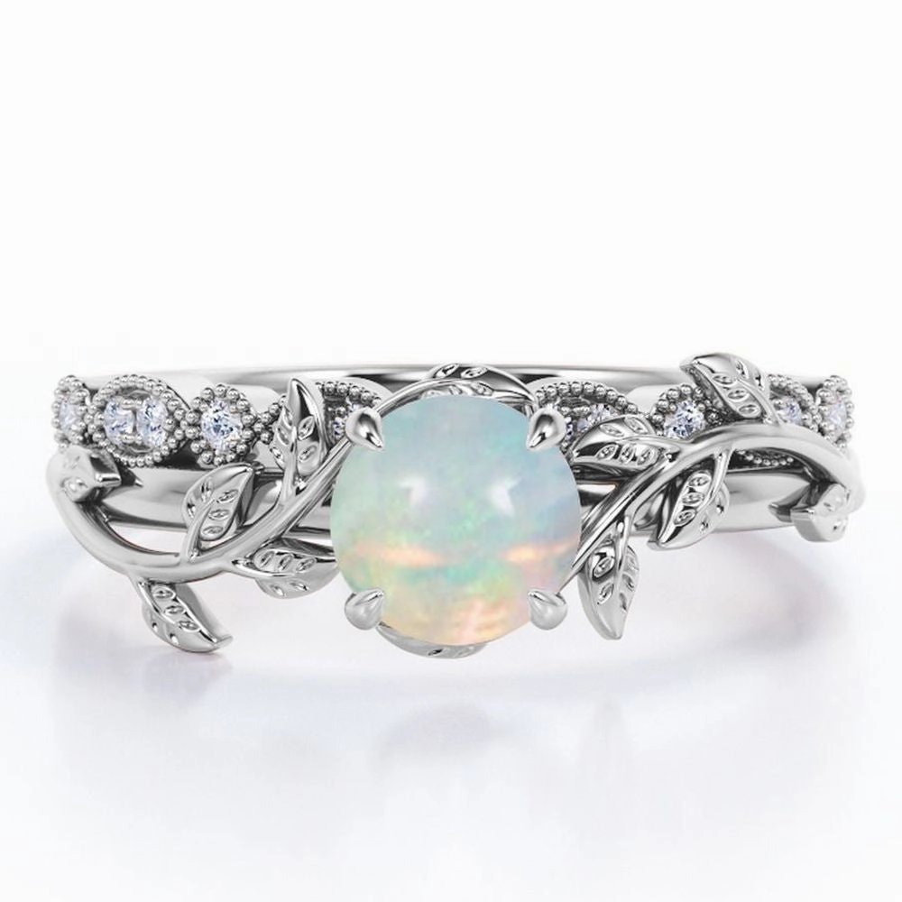 1.25 Ct Round Cut Lab Created Opal Floral Wedding Ring Set Easy Clean Practical Appearance