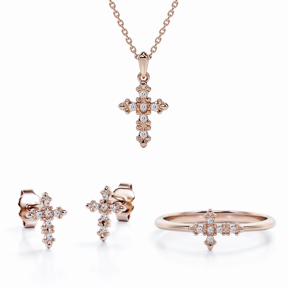 gentle style Custom Item Tracery Jewelry Set 0.1 TCW Diamond with Cross Pendant, Earrings & Ring