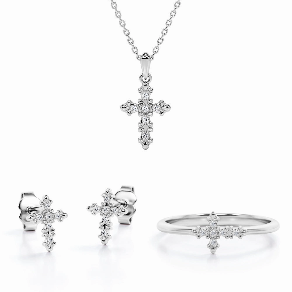 Tracery Jewelry Set 0.1 TCW Diamond with Cross Pendant, Earrings & Ring Alkali resistant