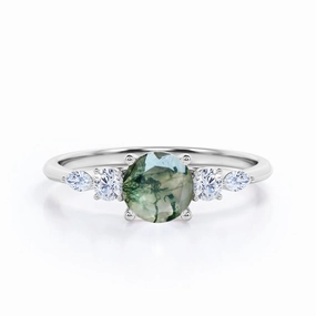 Easy Style Five Stone 0.6 Carat Round Cut Moss Agate Engagement Ring