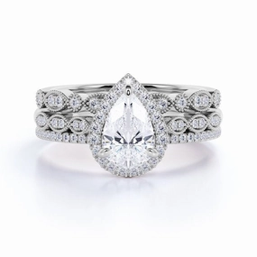 HighEnd Craft Halo 1.5 Carat Moissanite Milgrain Trio Ring Set