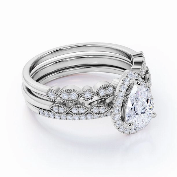 Subtle Detail Luxury Purchase Halo 1.5 Carat Moissanite Milgrain Trio Ring Set