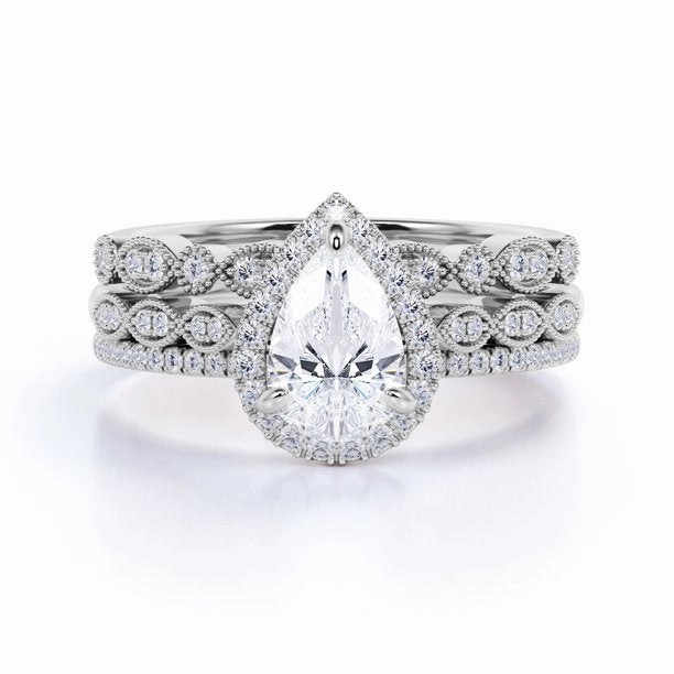 HighEnd Craft Halo 1.5 Carat Moissanite Milgrain Trio Ring Set