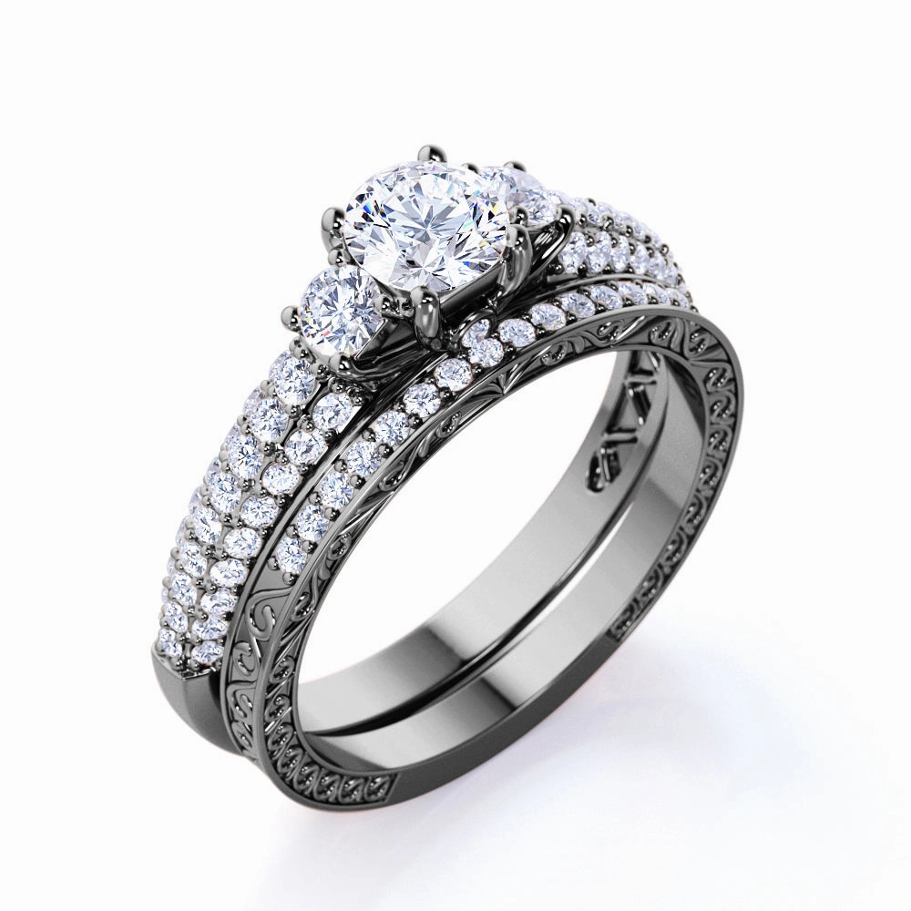 New Style 1.25 ct - Round Real 3 Stone Diamond - Past Present Future Ring - Victorian - Vintage Wedding Ring Set - 10K Rose Gold