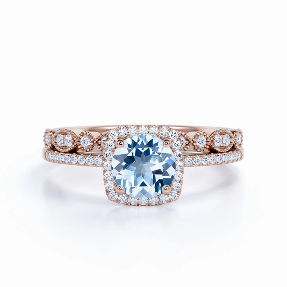 Elegant Article Halo 1.75 ct Round Aquamarine Vintage Wedding Ring Set
