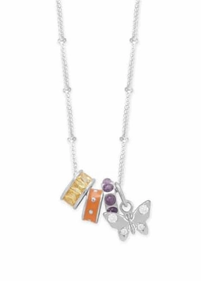 Mother Detail Sterling Silver Charm Satellite Necklace with Charms Yellow Orange Amethyst Butterfly