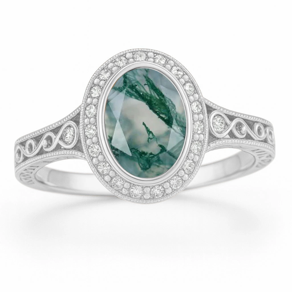Contemporary Symbol Transparent Item Vintage 1.15 Ct Oval Green Moss Agate Halo Engagement Ring