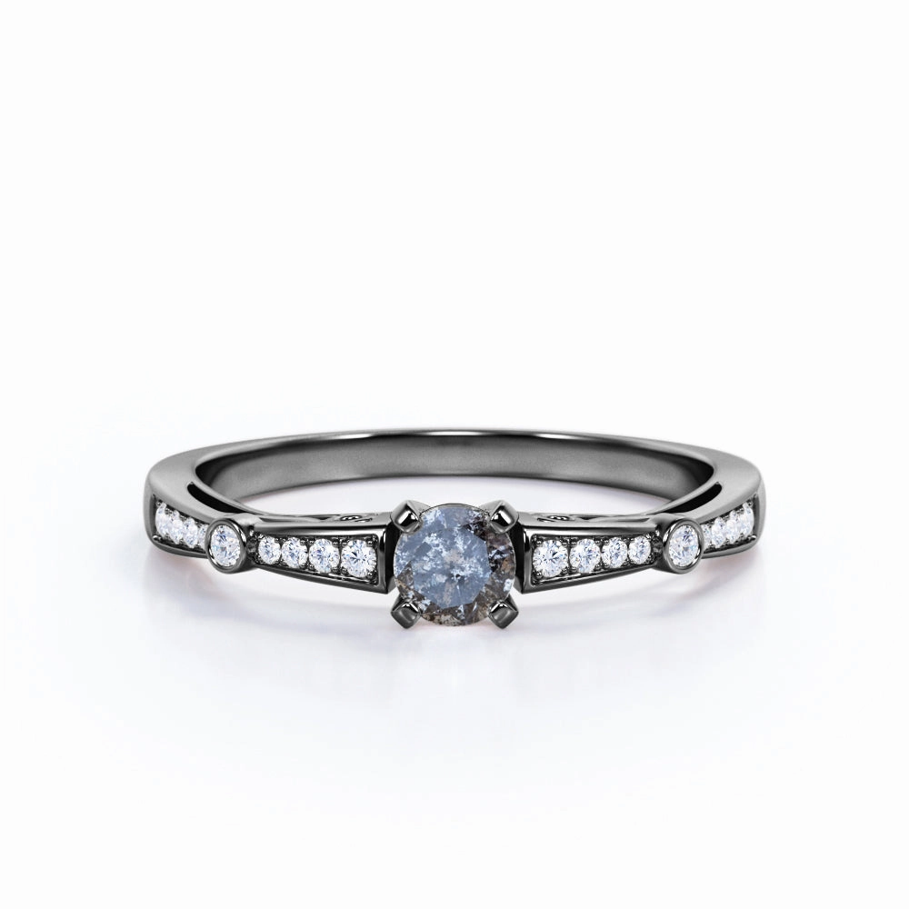 0.45 Ct Round Salt and Pepper Diamond Tapered Engagement Ring Budget Expression