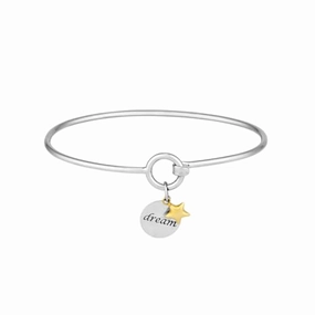 Bangle Bracelet with Engraved Dream Tag and 14k Gold Star Charm Sterling Silver Fun Element Numerous Combinations