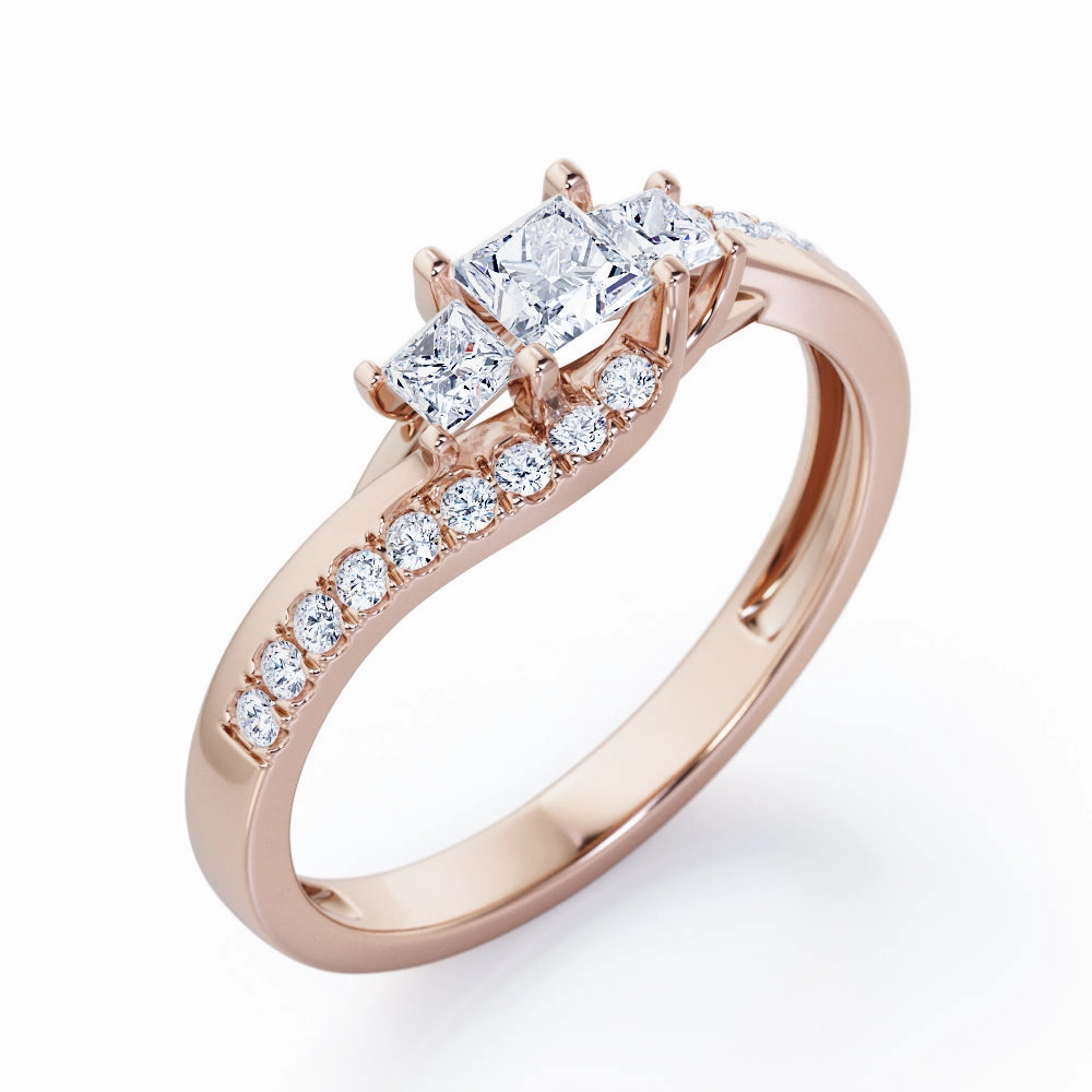 Evening Glamour Minimal Expression Trellis Three Stones 1 carat Princess Diamond and Diamonds Braided Engagement Ring in Rose Gold