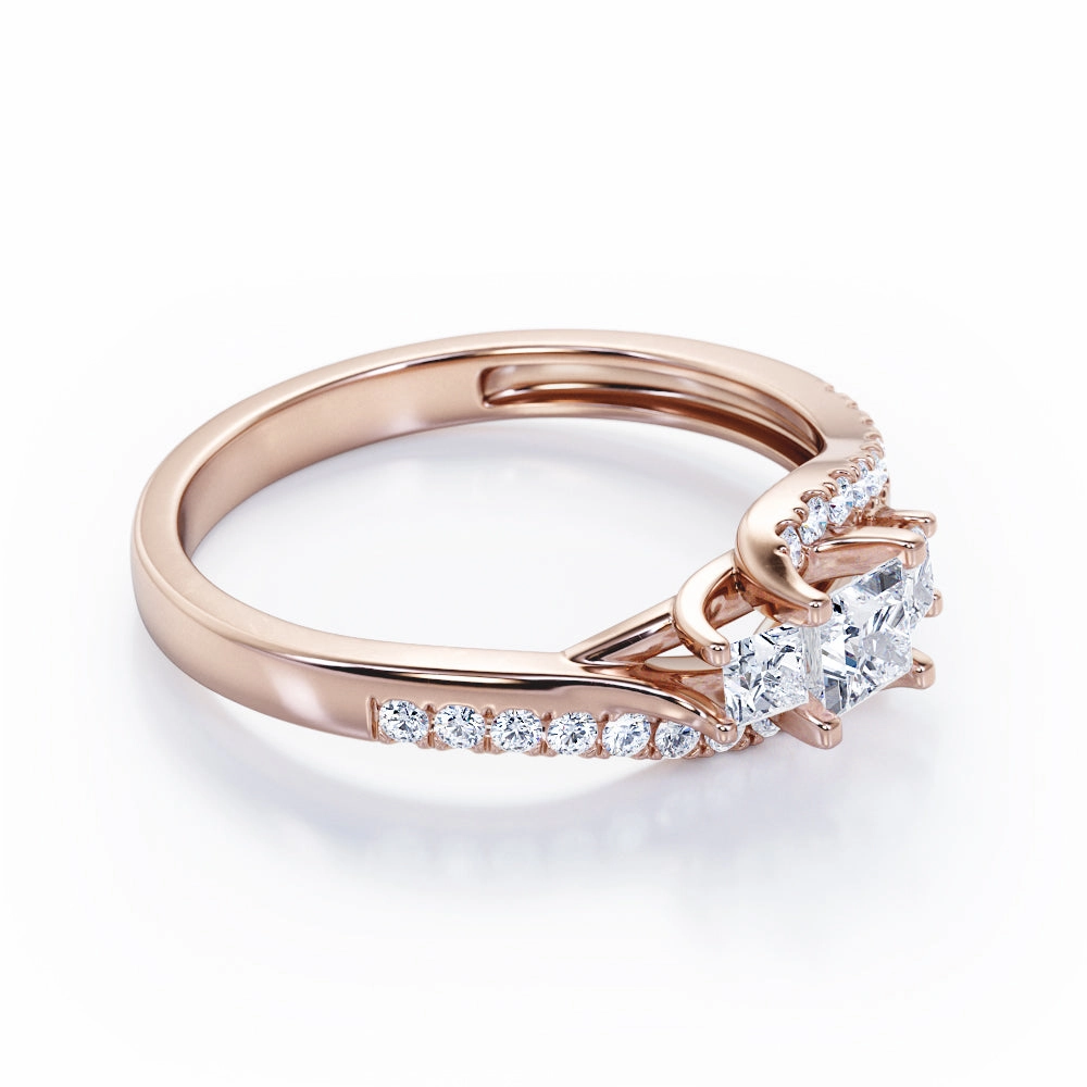 One Size Versatile Shine Trellis Three Stones 1 carat Princess Diamond and Diamonds Braided Engagement Ring in Rose Gold