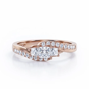 Sturdy Expression Trellis Three Stones 1 carat Princess Diamond and Diamonds Braided Engagement Ring in Rose Gold