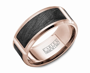 Carlex Textured 9mm Wedding Ring in 14K Rose Gold/Black Forged Carbon Fiber Dazzling Glow