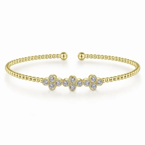 14K Yellow Gold Bujukan Bead Cuff Bracelet with Three Quatrefoil Diamond Stations Daily Accessories
