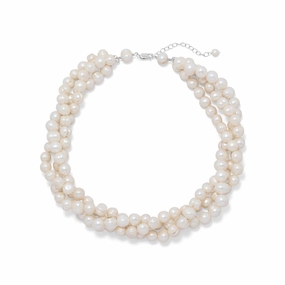Cool Accent Three Strand Torsade Cultured Freshwater Pearl Necklace Sterling Silver Adjustable Length