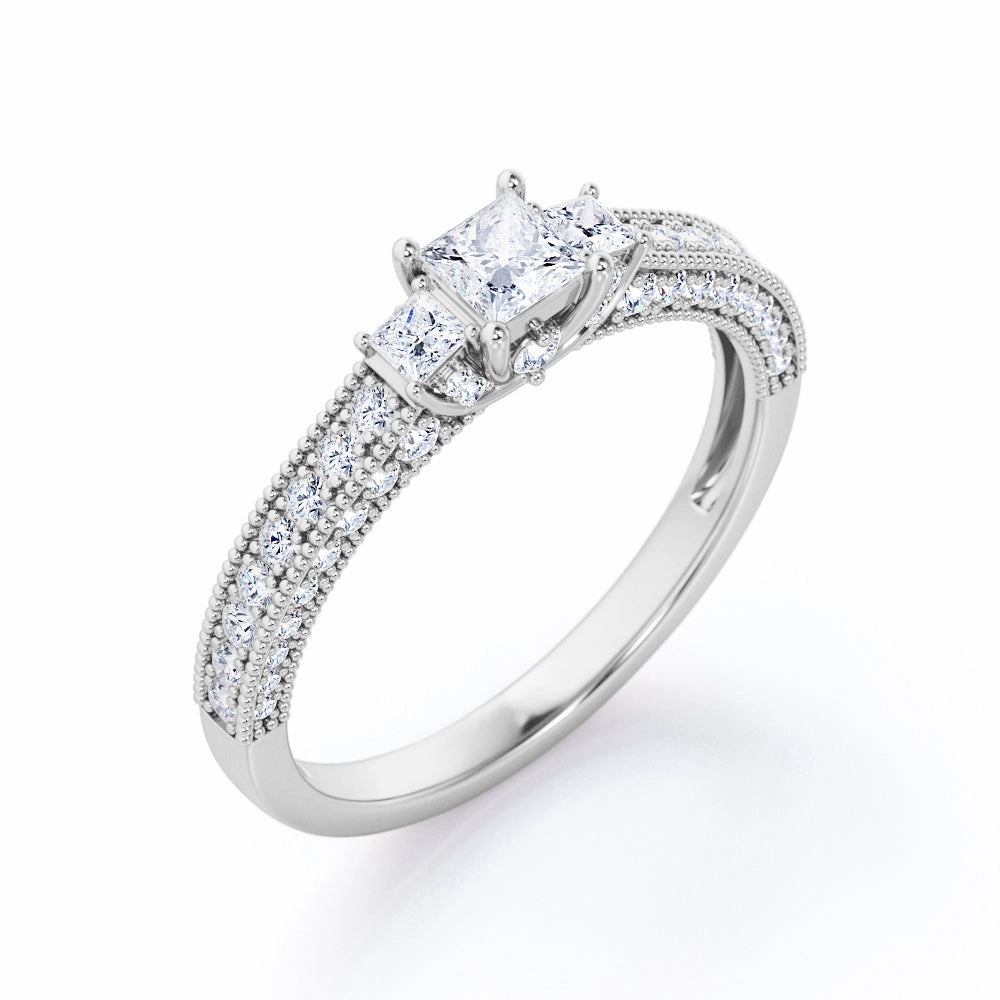 Milgrain-Bordered Pave 0.45 TCW Princess Cut Diamond Three Stone Engagement Ring in White Gold Casual Favorite
