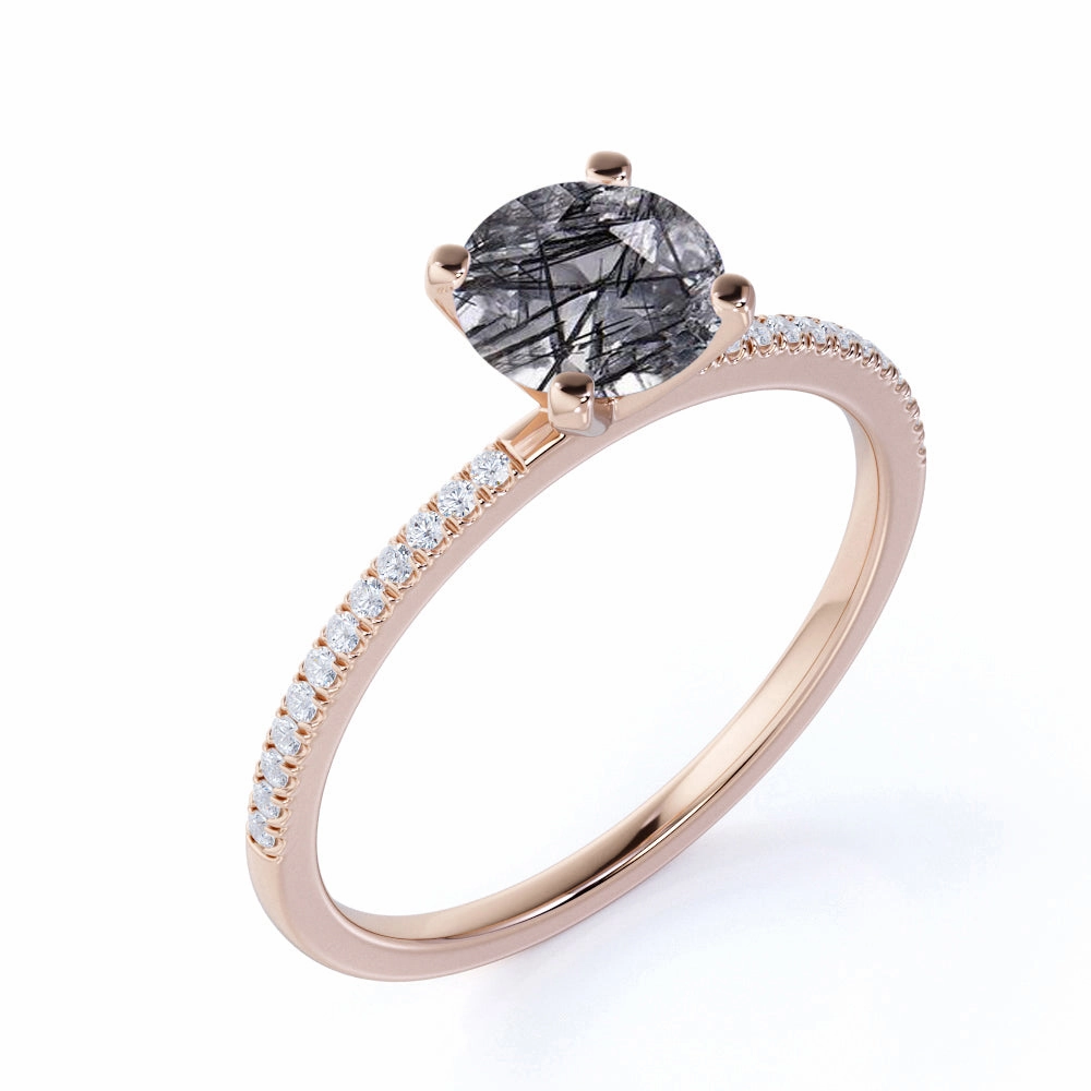 Low-Cost Craft Holiday Party Solitaire 1.50 ct Round Black Rutiles Quartz Pave Engagement Ring
