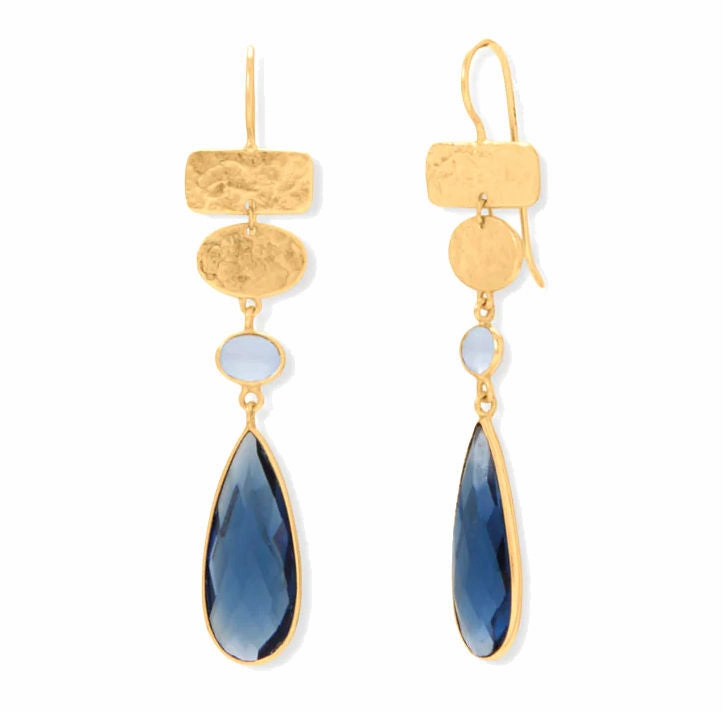 Pearlescent Decoration Chalcedony and Dark Blue Glass Dangle Earrings Gold-plated Silver