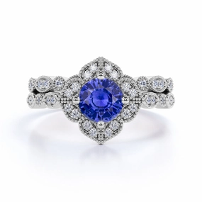 Lasting Memory 1.75 Ct Round Cut Lab Sapphire Art Deco Wedding Ring Set